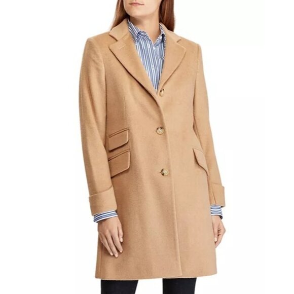 Lauren Ralph Lauren Reefer Wool Blend Camel Tan Notch Collar Winter Coat 10 M - Picture 1 of 13